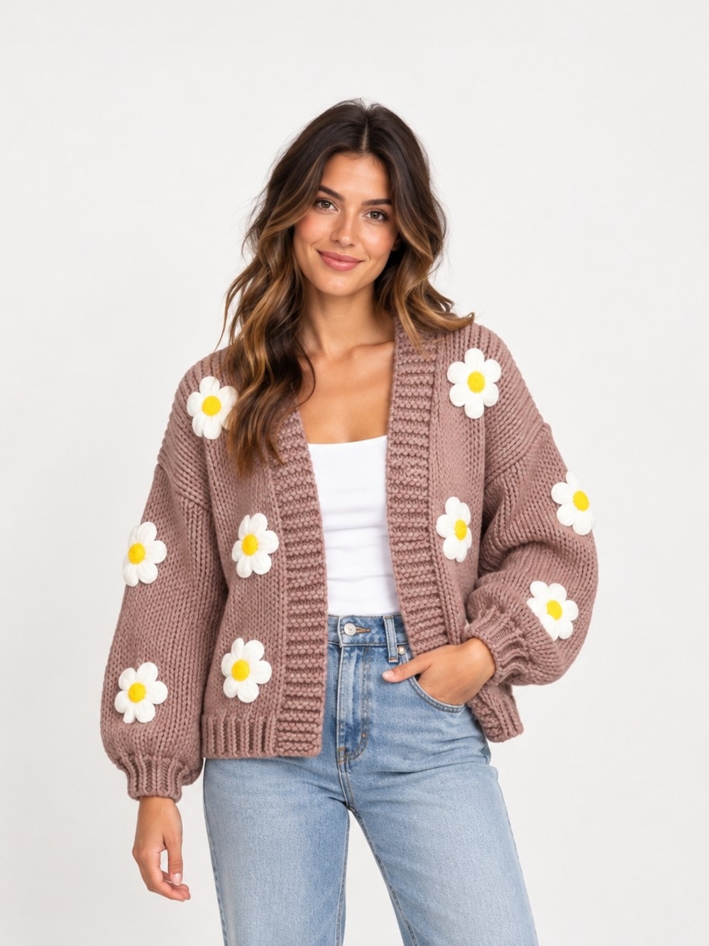 Baevely Daisy Cardigan Women's M Mauve Chunky Knit Oversized Floral Sweater